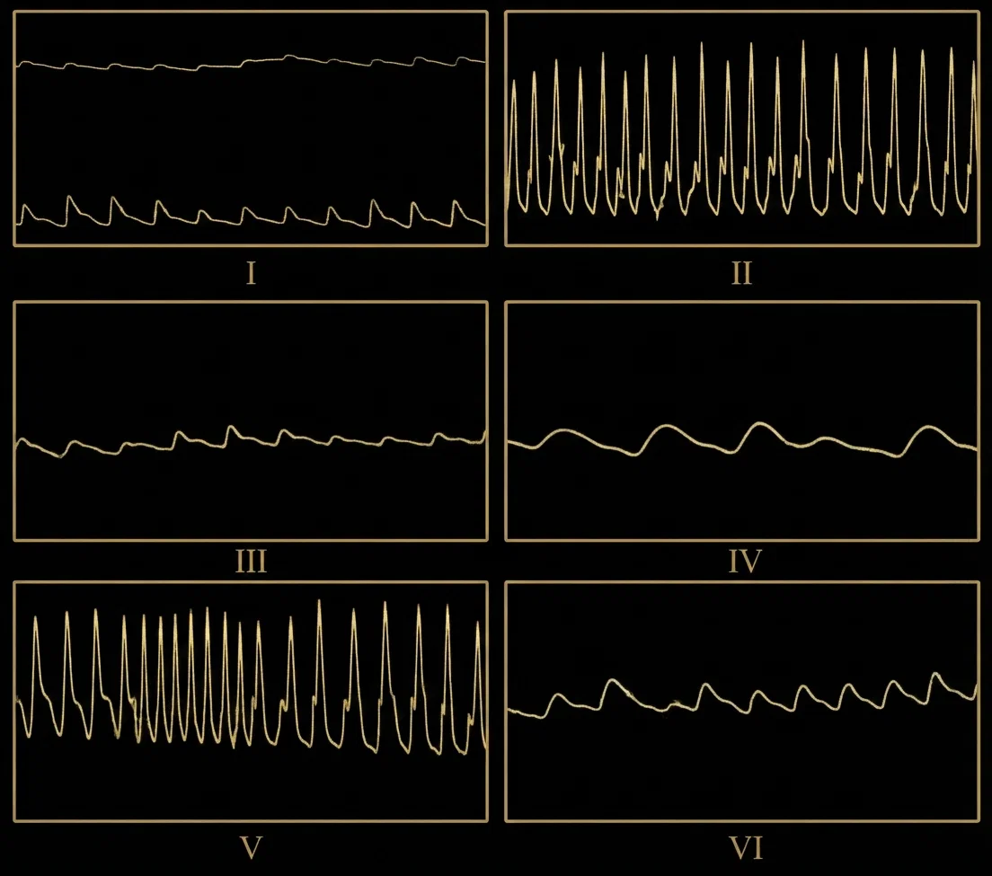 Plate A.—Nos. I, II, III, of a young man of 19, four years a smoker, inhales fumes. Tracings just before, during, and fifteen minutes after smoking. See No. III next plate. IV, V, VI, of another smoke inhaler's heart, before, during, and after.