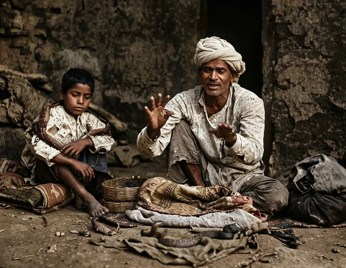AN INDIAN SNAKE CHARMER