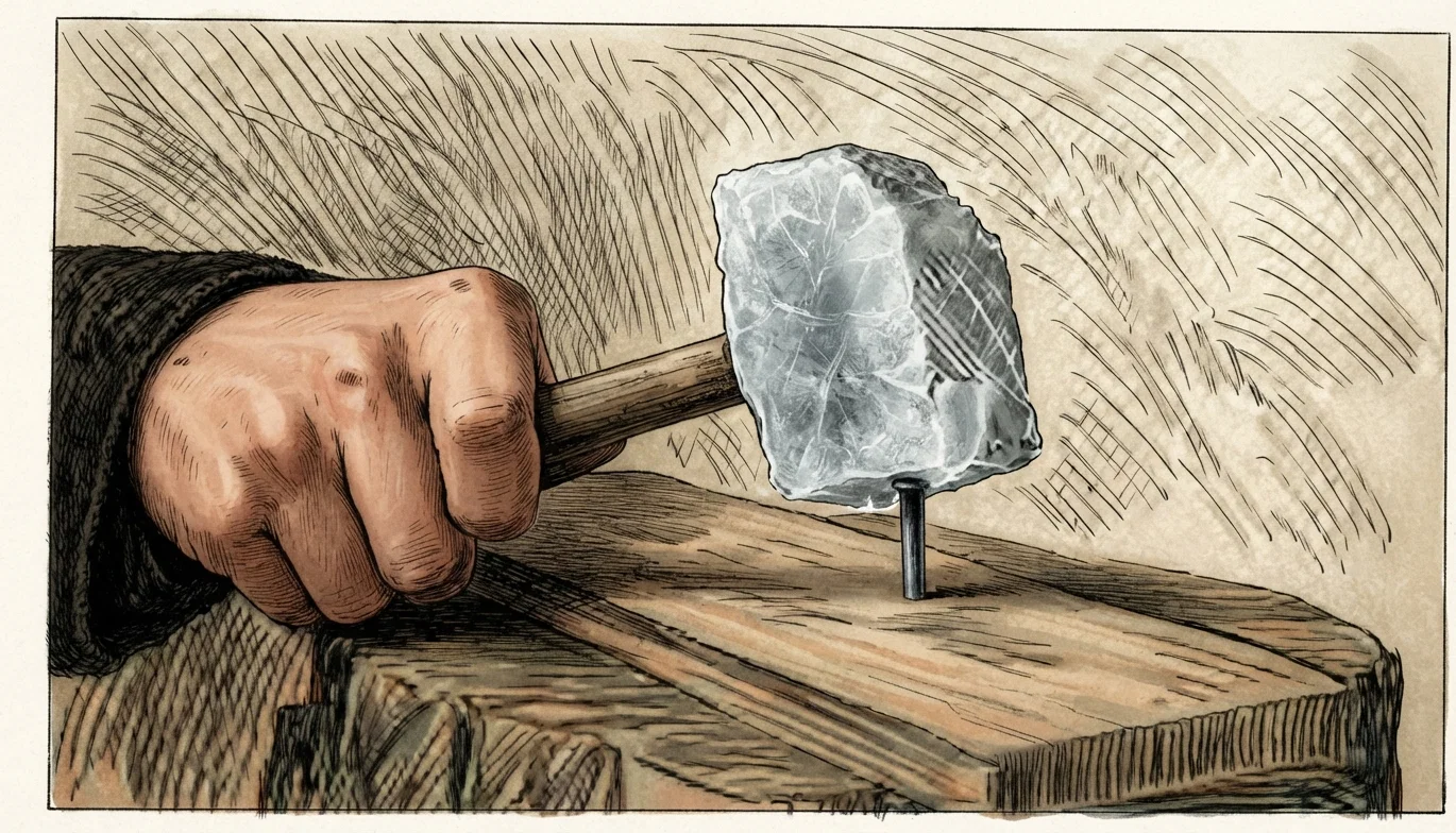 Driving a nail with a hammer made of mercury frozen in a dish of liquid air. Mercury freezes at 40° below zero.