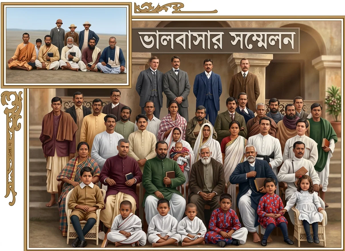 The small picture represents the Bengali (India) Conference of believers in 1909. The other their gathering in 1910. Standing at rear, left to right: J. C. Little, A. G. Watson, L. G. Mookerjee, W. W. Miller.