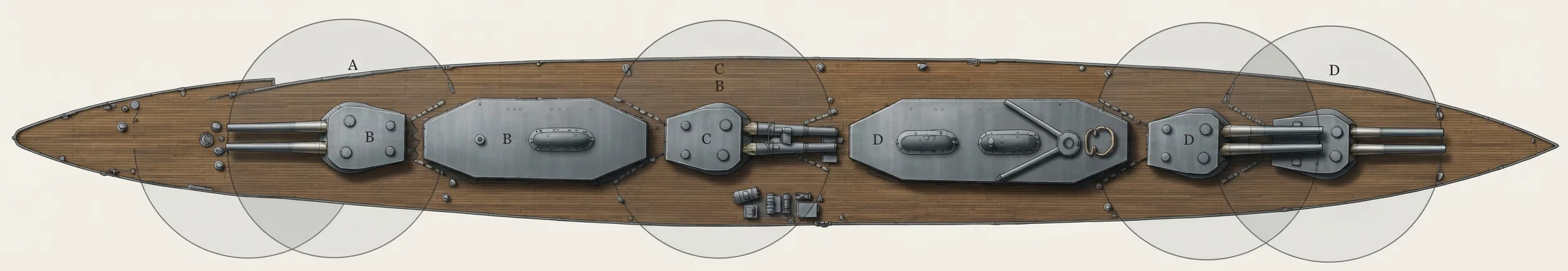 Deck plan of the British cruiser Lion, showing the sweep of her eight guns from beam to beam
