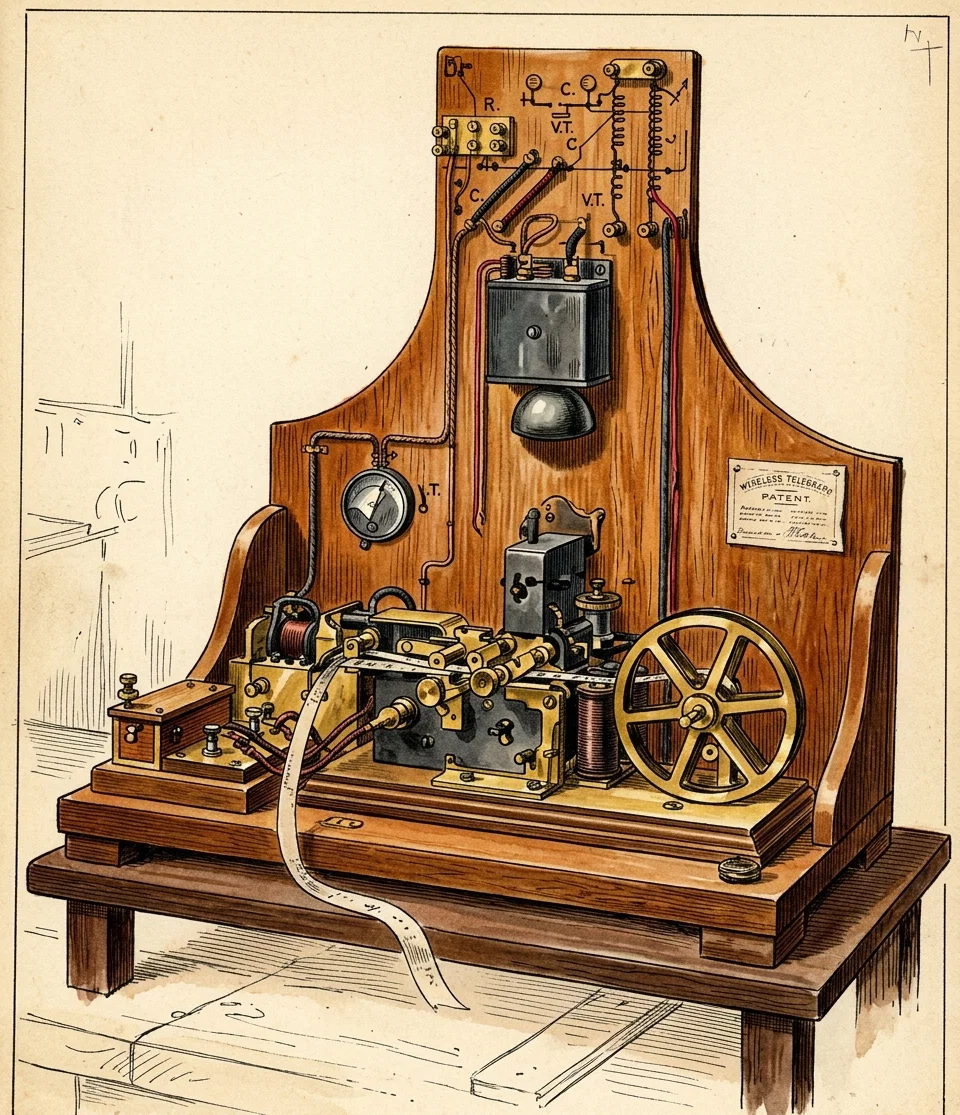 The Receiving Instrument of a Wireless Telegraph Station. The Dots and Dashes Are Registered on the Tape as Shown in the Cut.
