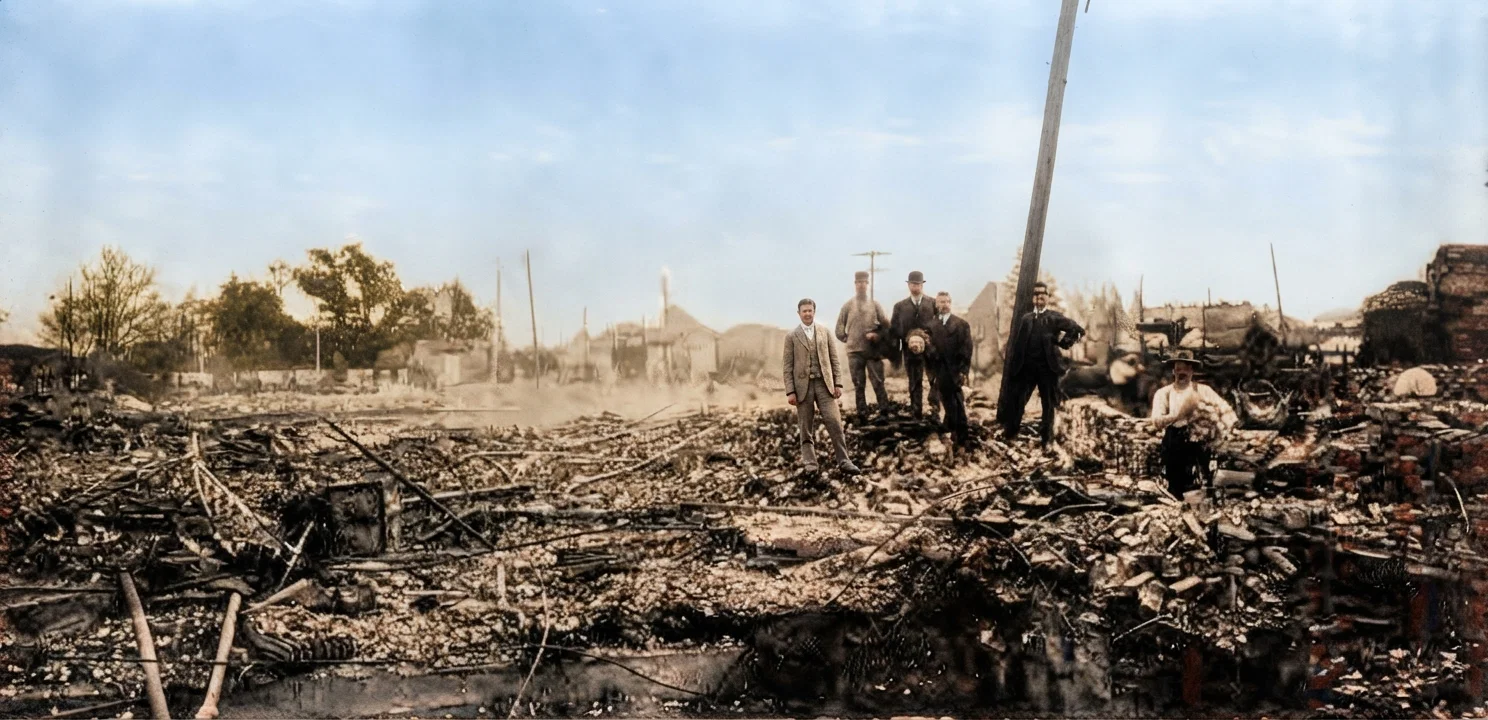 A Scene in Santa Rosa after the Earthquake and Fire April 18. At the right of the street in which the men are standing stood "The White House," the first store in Sonoma County. All the business part of the city was ruined by the earthquake. The fire completed the work.