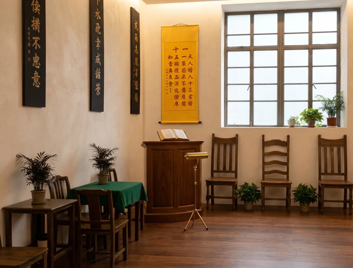Interior view of chapel. Back of the pulpit is a scroll of the Ten Commandments in red on a yellow background. The room seats about 75, and is altogether too small. The shop next door will probably be added, and the partition taken out.