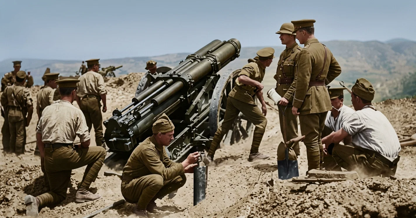 ONE OF THE NEW ENGLISH GUNS IN ACTION ON THE GALLIPOLI PENINSULA. NOTE THE “RECOIL CYLINDERS.”