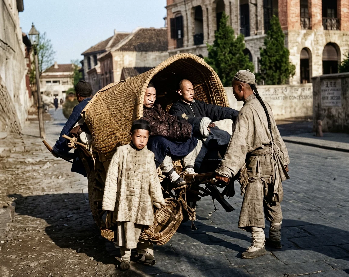 Chinese Wheelbarrow. Country Travelers Entering Foreign Concession at Hankow