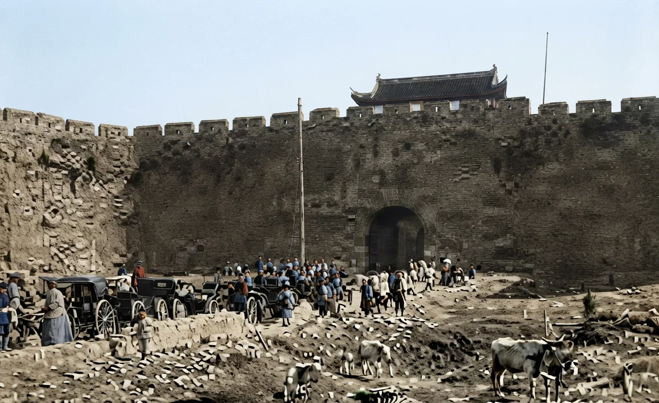 Gate leading into the city of Nanking, the old capital city of China, showing the immense height of the city walls, against which the small field-guns of the revolutionists had but little effect. These walls are from 30 to 50 feet high and 23 feet thick.