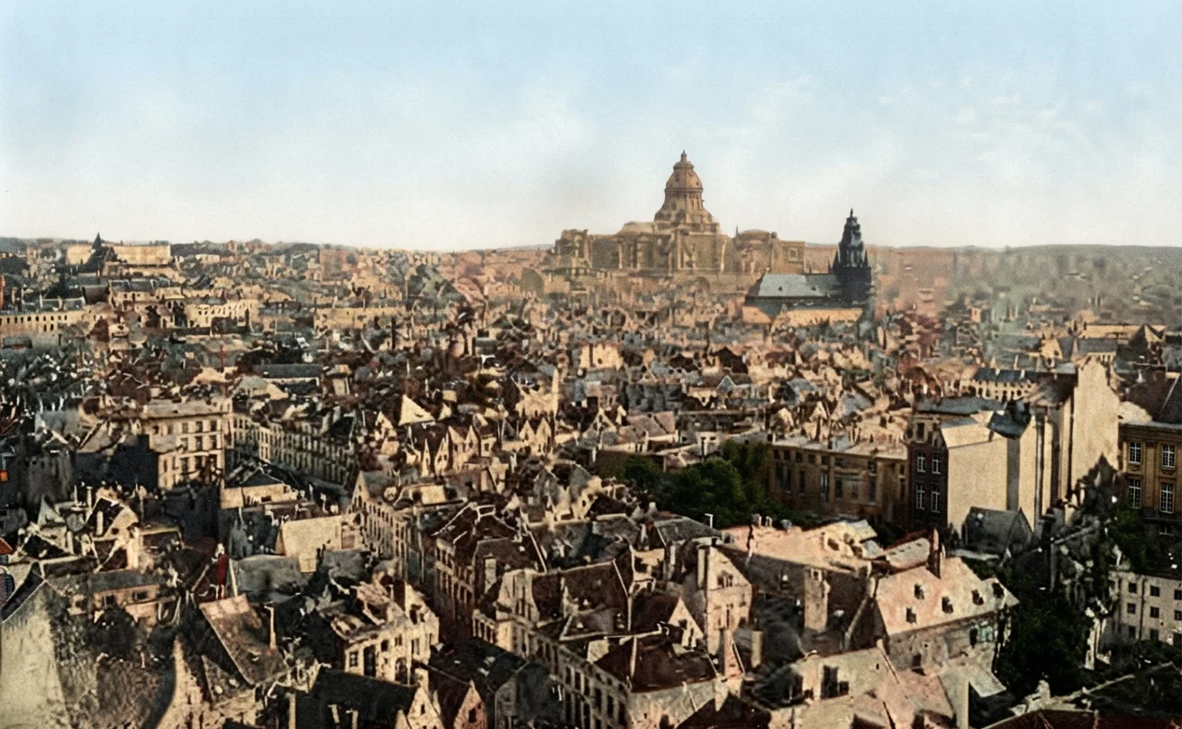 BIRD'S-EYE VIEW OF THE CITY OF BRUSSELS, THE DESTRUCTION OF WHICH HAS BEEN THREATENED Photo by Paul Thompson
