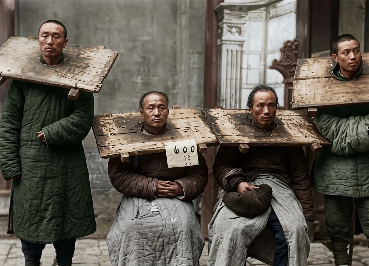 Criminals in the gangue exposed on a public street. The frames are so broad as to prevent the hands from touching the head. Typical everywhere in China.