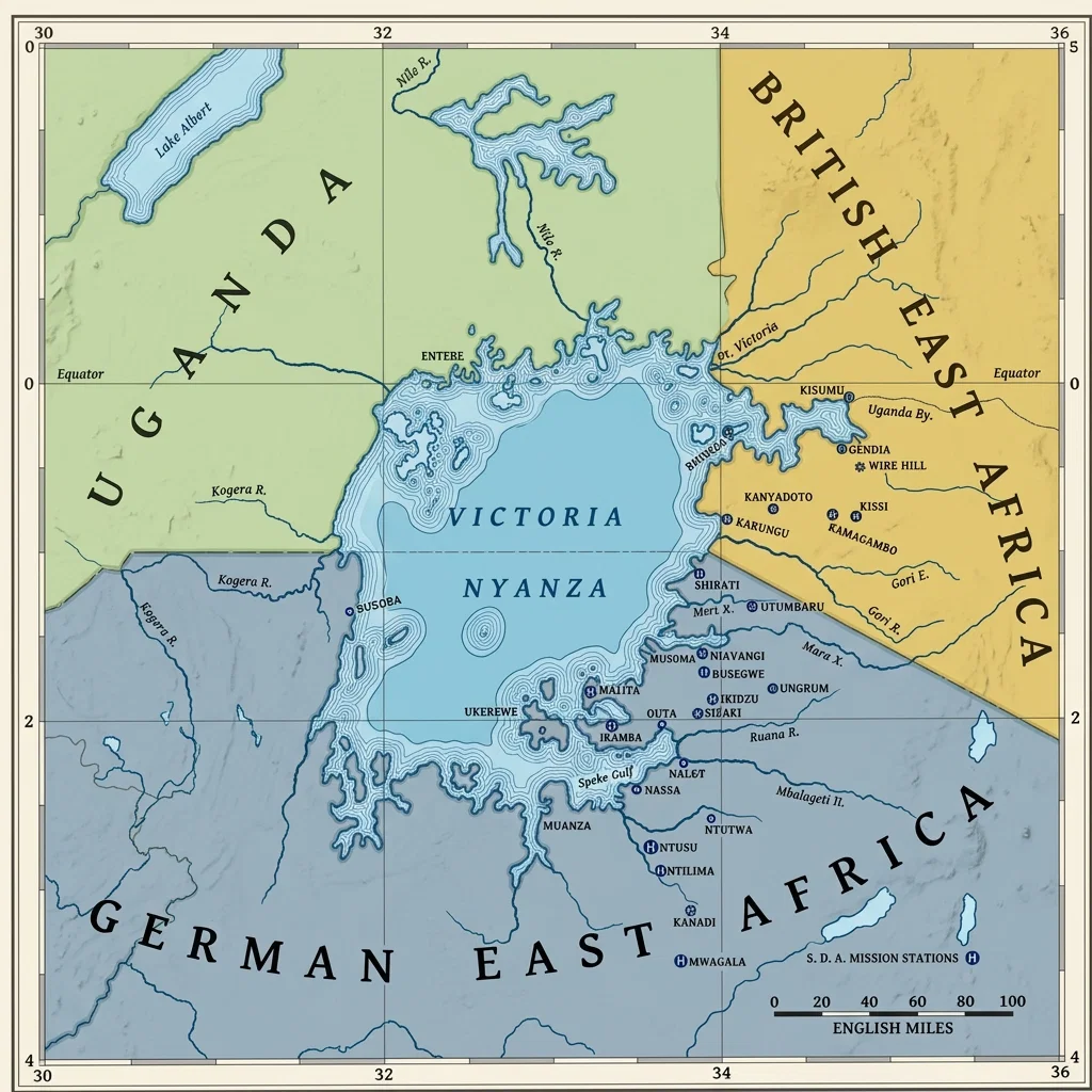 Map, drawn from sketch furnished by V. E. Toppenberg, accompanying his report from Victoria Nyanza Mission. First report received since beginning of war.