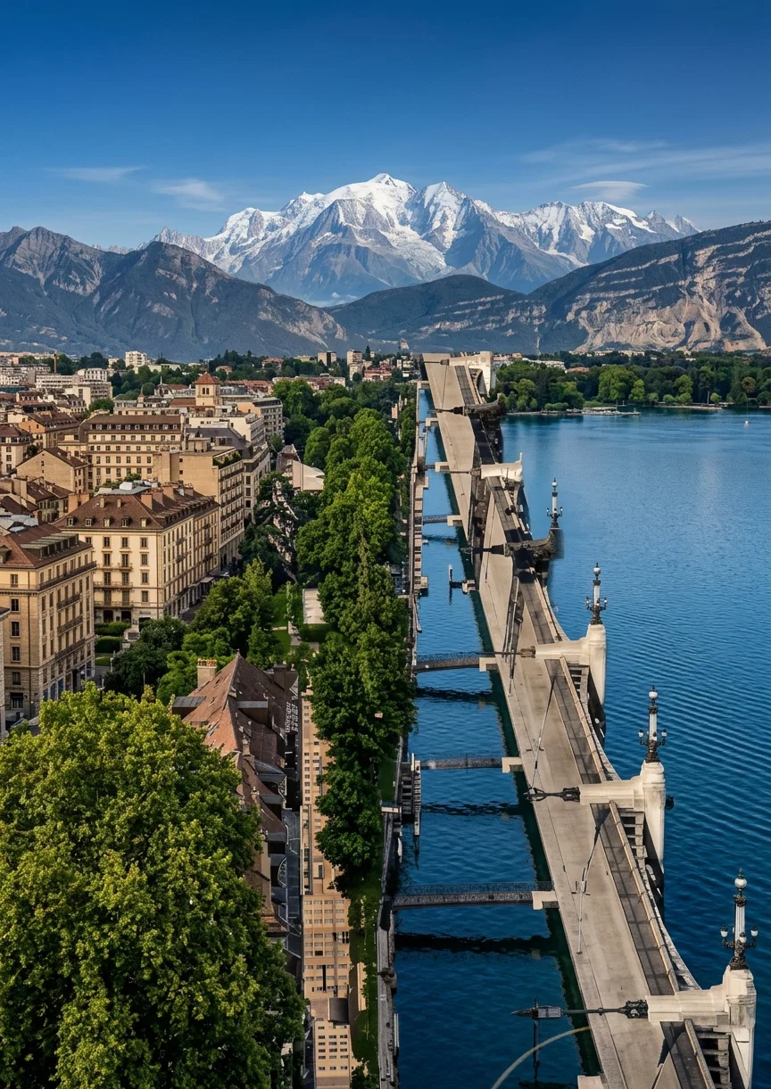 A VIEW OF GENEVA WITH MOUNT BLANC IN THE DISTANCE. SEE ARTICLE ON THE FOURTEENTH PAGE