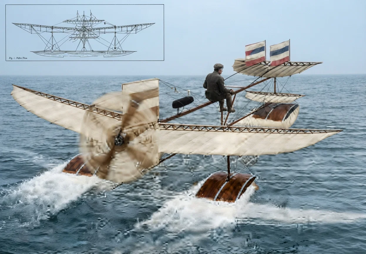 The Fabre Marine Aeroplane starting from the water. It is the first heavier-than-air machine to make successful flights in starting from and alighting upon the water. In the place of wheels it rests upon three hydroplane floats. The plane of the float also acts as an auxiliary supporting surface in the air. There is but little resistance in water even tho the floats may be submerged by waves. It has a depth of about 6 feet, and an area of 280 square feet. It uses a 50 horse-power engine, has an 8½ foot, two-bladed propeller, driven at 1,100 revolutions to the minute. Its total weight is 950 pounds. It certainly seems safer than the ordinary flying-machines. (Courtesy of the “Scientific American,” Dec. 17, 1910.)