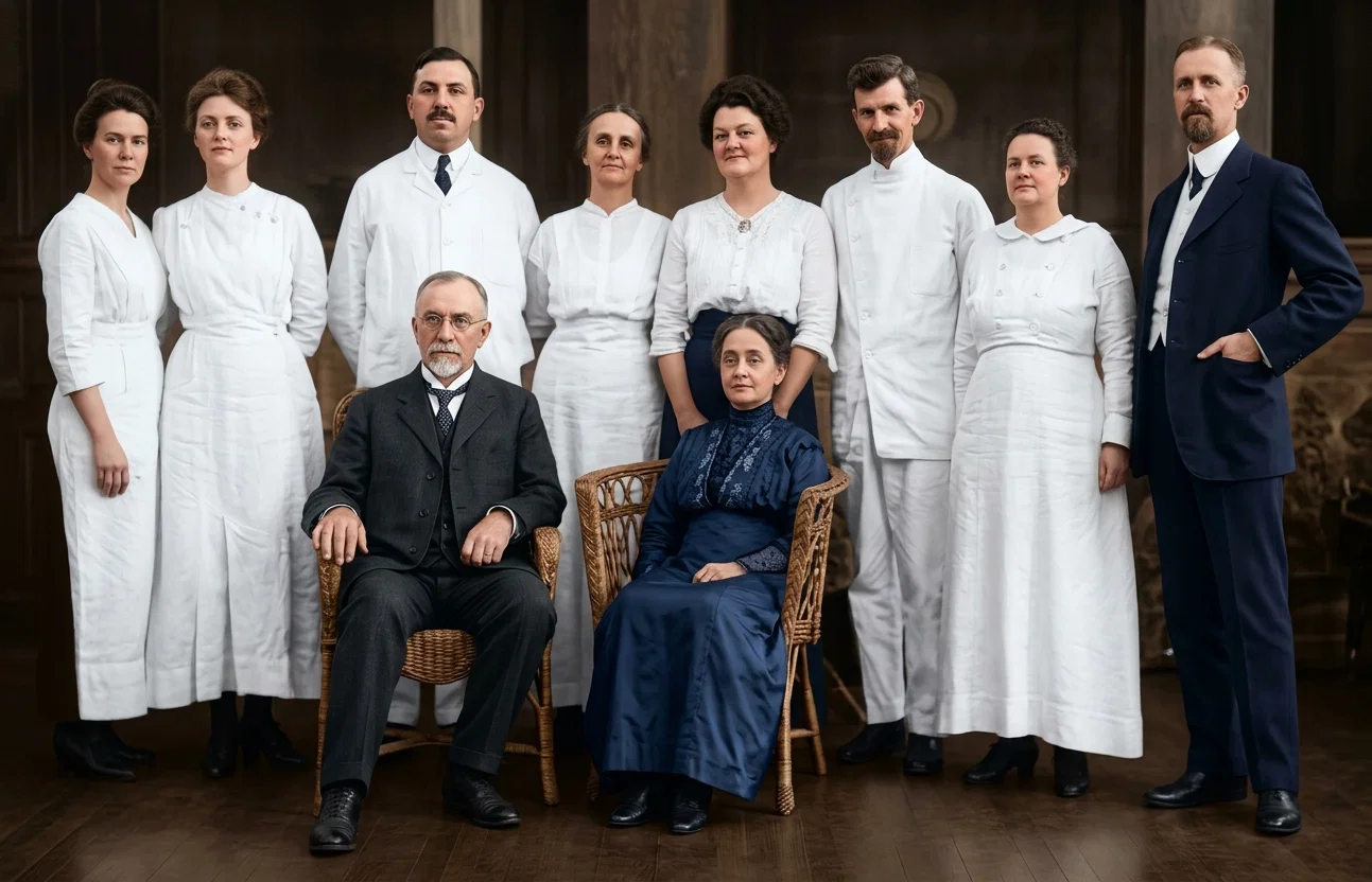 The persons standing and dressed in white are the group of workers connected with our medical mission in Kalyan, India. Elder A. G. Daniells and wife are seated. Professor Salisbury, standing at the right, is the superintendent of our work in India.