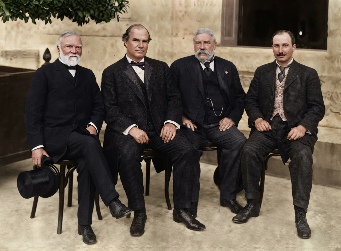 From Stereographs Copyright 1908 by Underwood & Underwood, New York. From Left to Right, Andrew Carnegie, William J. Bryan, James J. Hill, and John Mitchell.