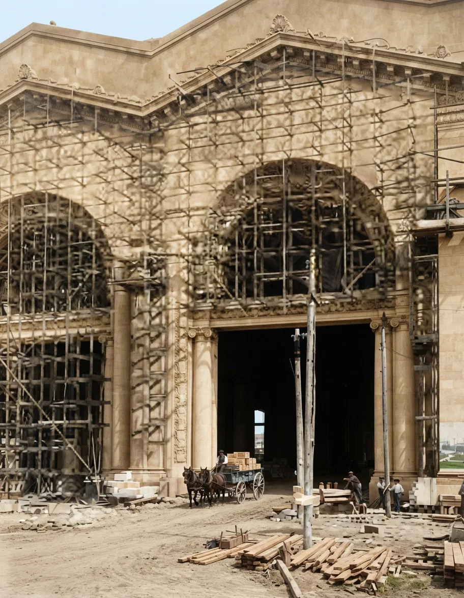 ENTRANCE TO MACHINERY HALL, PANAMA-PACIFIC EXPOSITION — THE WORK IN PROGRESS