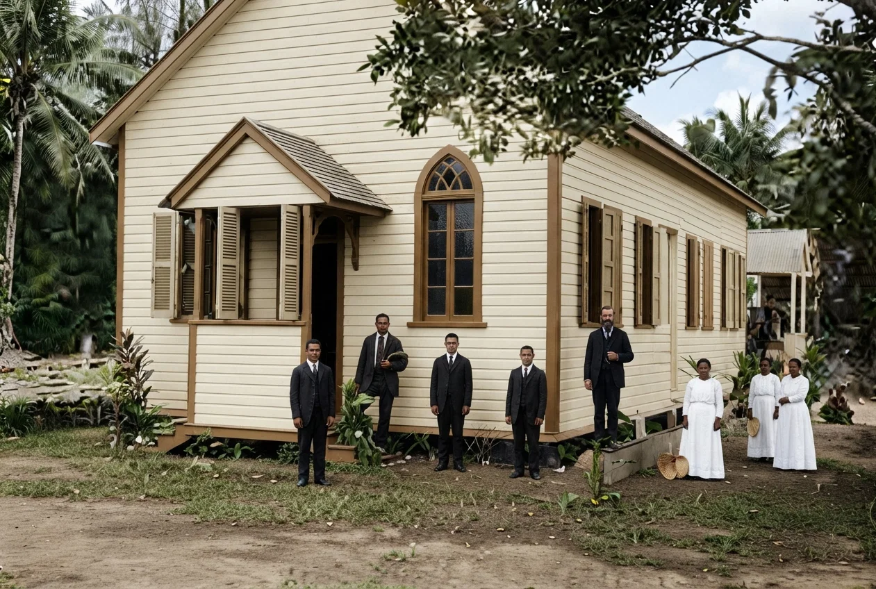 Seventh-day Adventist Church of Arue, Tahiti. Showing Elder A. J. Read and Native Deacons and their wives in front.