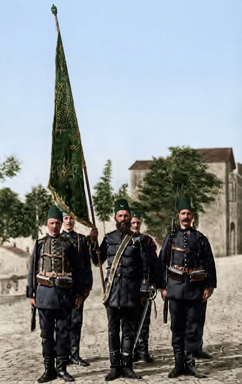 Turkish soldiers and standard bearer. The national flag is red with a crescent and star in white. The religious banner is green.