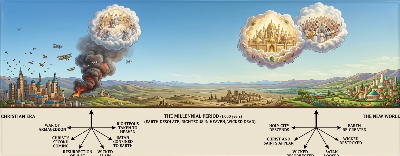CHRISTIAN ERA
WAR OF
THE MILLENNIAL PERIOD (1,000 years)
RIGHTEOUS (EARTH DESOLATE, RIGHTEOUS IN HEAVEN, WICKED DEAD)
HOLY CITY
THE NEW WORLD
EARTH