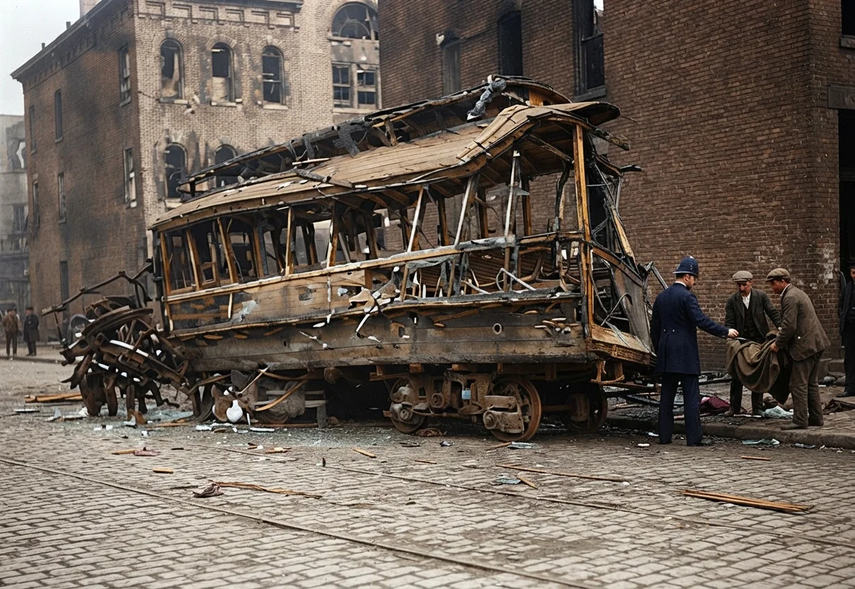 The car which was lifted bodily off the track and turned over. Five pupils of the normal college were killed and twenty injured in this car. The "Scientific American" well says that "electricity and gas are dangerous agents to be used side by side."