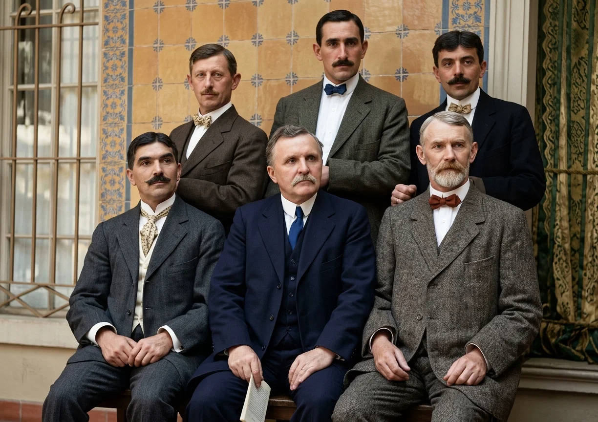Front Row: Max Trummer, union agent; Pastor W. A. Spicer; Pastor J. W. Westphal.
Back Row : J. P. Lorenz, Chile; R. B. Stauffer, Peru; Cæsar López, Ecuador.