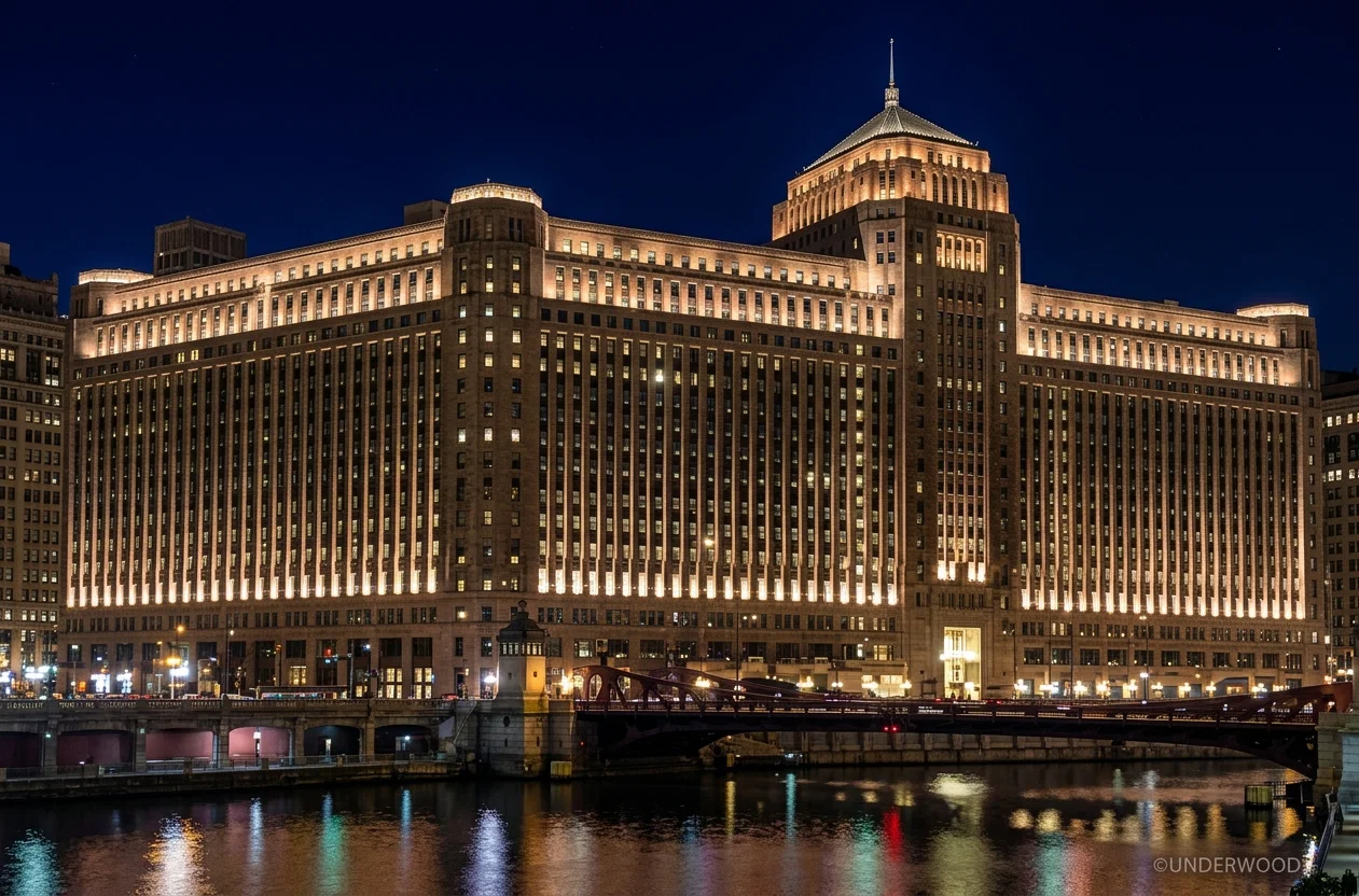 A temple of business at night. The world's largest building, the Merchandise Mart, is an added beauty to Chicago's already famous night views. If temples of religion were as highly regarded, the nation would soon be on the upward mend.