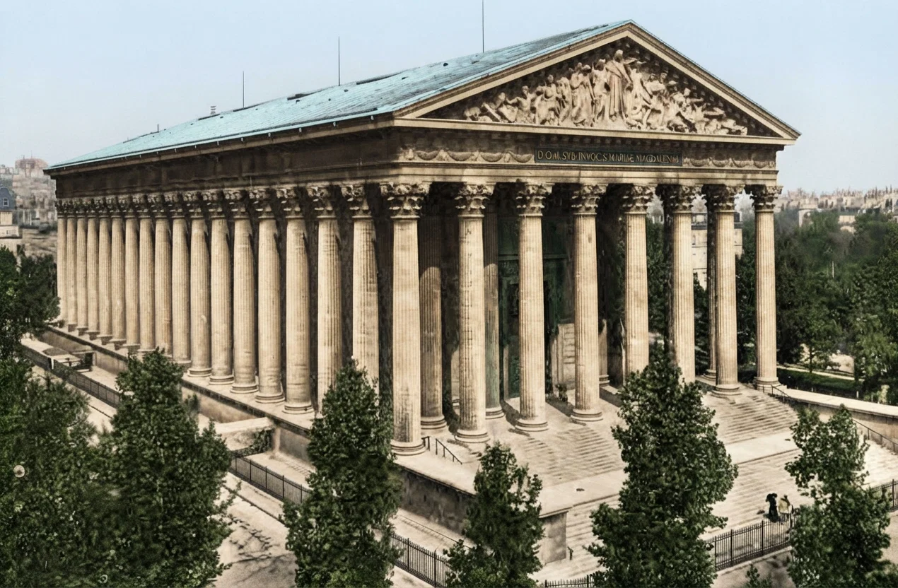 The noted Church of the Madeleine, Paris, which Napoleon attempted to turn into a "Temple of Glory." Cost, $3,000,000 in building, from 1764 to 1832; 354 feet long, 141 feet broad, and 100 feet high; bronze doors 16 feet wide, 34½ feet high.