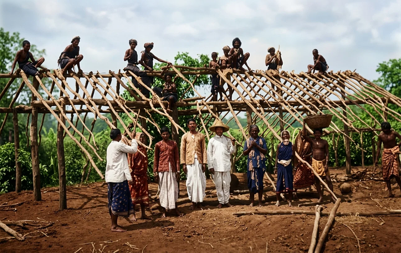 SANTALS BUILDING CATTLE-SHEDS ON BABUMOHAL MISSION