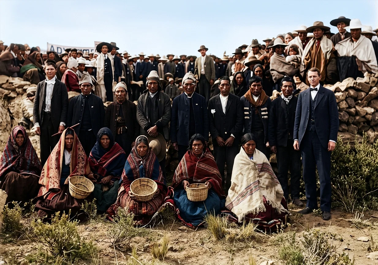 GROUP OF SOUTH AMERICAN INDIANS, WITH SEVENTH-DAY ADVENTIST MISSIONARY TO THE RIGHT