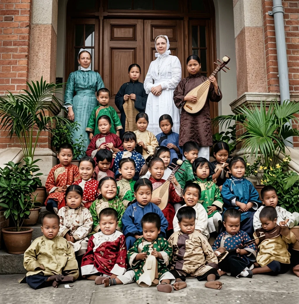 Pupils and instructors of a Christian school for Chinese blind girls in Hongkong.