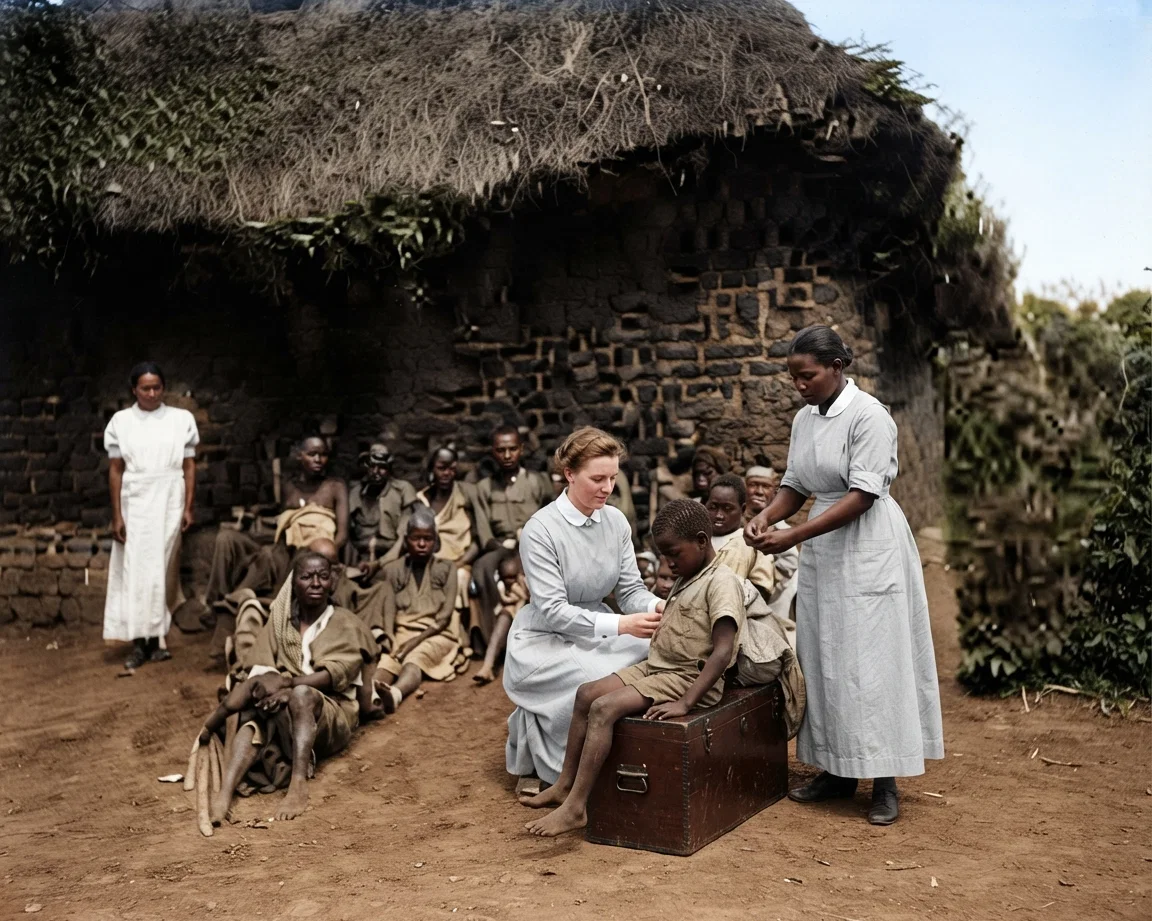 MISS IRENE FOURIE AND ASSISTANTS, IN AFRICA, WITH SOME OF THEIR PATIENTS