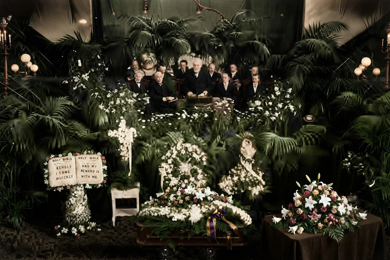 THE ROSTRUM IN THE BATTLE CREEK TABERNACLE DURING THE FUNERAL SERVICES OF MRS. E. G. WHITE