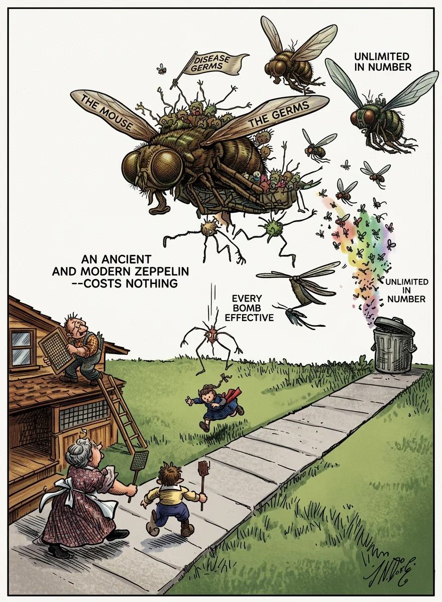 An ancient and modern zeppelin—costs nothing.
Unlimited in number. Every (germ)
bomb effective.