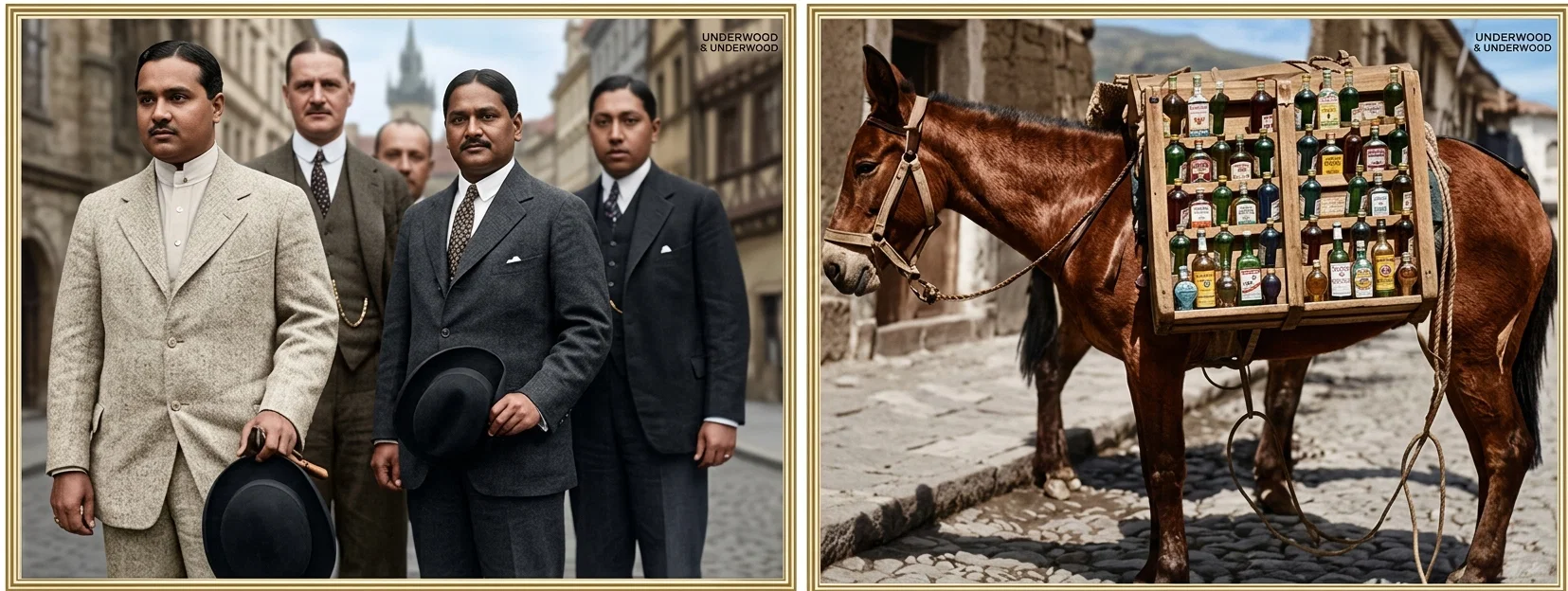 The Maharajah Manikya Behadur of Tripur, who is reputed to have a fortune in excess of $900,000,000, with members of his suite as they arrived in Prague, Czecho-Slovakia, on their tour of Europe. The maharajah is the man at the left, in the light suit. Unsettled conditions in Bolivia do not interfere with the delivery of alcoholic drinks. This picture shows how Bolivian merchants use pack mules and burros to make their deliveries in towns whose streets are so hilly that all other methods are unsuccessful.