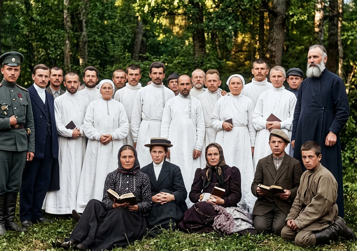 BAPTISMAL GROUP IN A RUSSIAN FOREST. ELDER O. WILDGRUBE AT RIGHT, WHO WAS ARRESTED, CHARGED WITH SPEAKING AGAINST THE STATE CHURCH