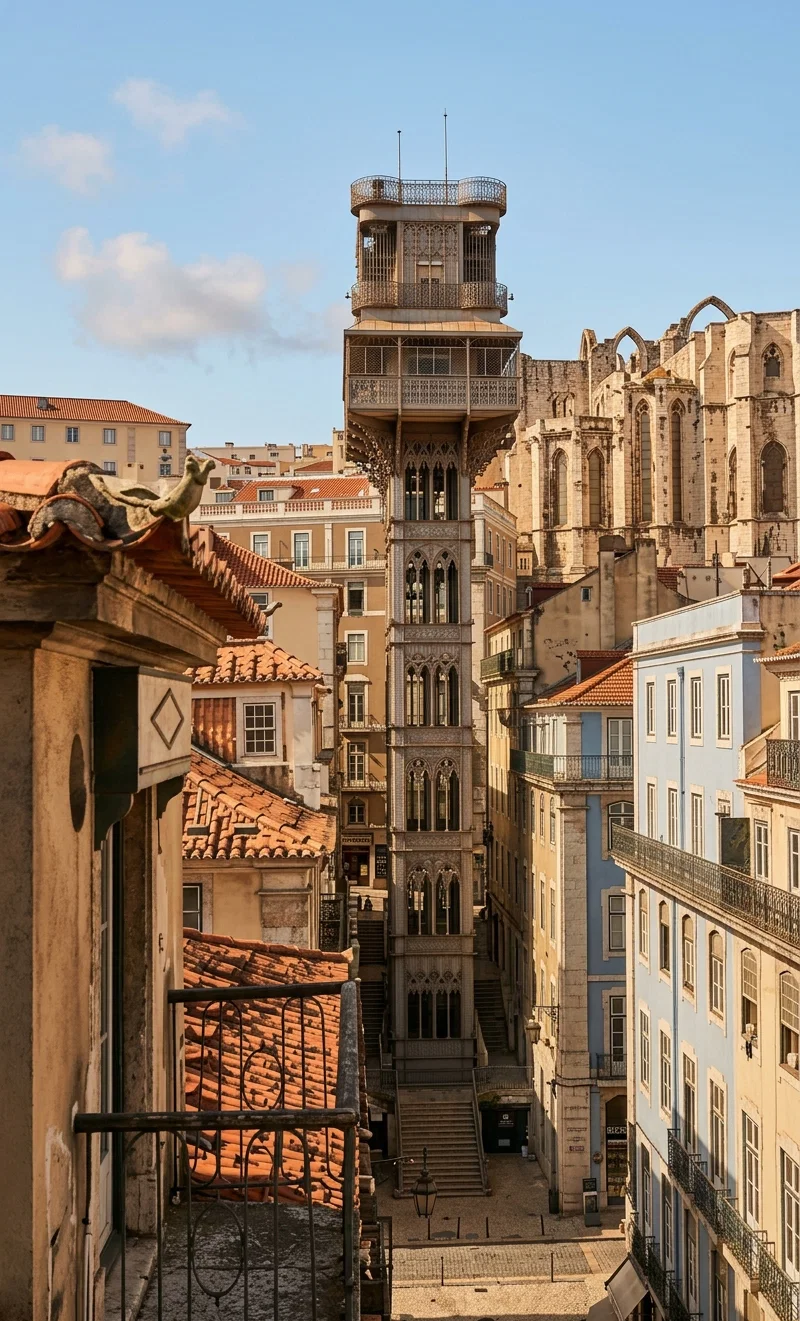 Elevator of Carmo, Lisbon, Portugal, from the top of which tourists view the city and the great cathedral ruined by the earthquake of 1755.