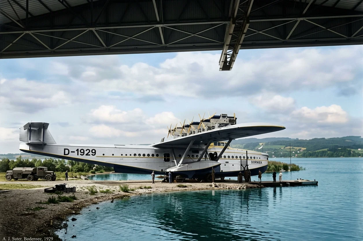 The giant Dornier seaplane, as it appeared outside its hangar during tests that were made on Lake of Constance, Switzerland, following the installation of its American motors. The tests were declared entirely satisfactory. An attempt will soon be made to fly this great ship across the Atlantic. It cruises at a speed of 120 miles an hour.