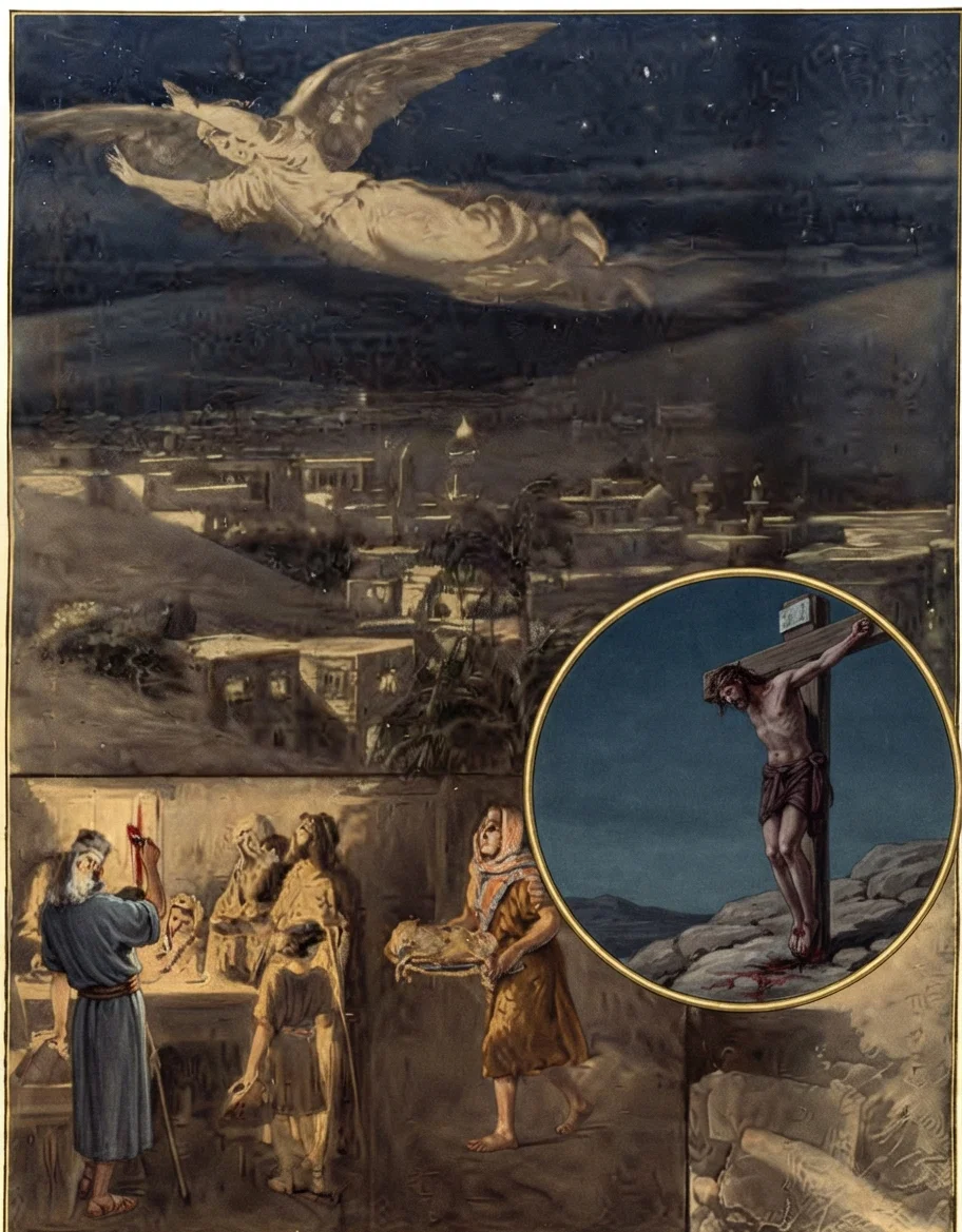 A striking composite drawing is that of Mr. Mente's above. The lower scene carries us back to the slaying of the paschal lamb in Egypt, the blood of which must be placed on the sides of the door of each household and on the lintel above, or the first-born would die. The unbelieving in Egypt's land failed to do this, and the first-born of man and beast died throughout the land where the sprinkled blood was not seen by the destroying angel as he passed over. In the small drawing we have the deeper meaning of that solemn rite; 'for even Christ our Passover is sacrificed for us.' But to no soul will that blood apply, no soul will be free from sin when God's plagues fall, unless that soul has put away his sins and by faith washed them in the blood of Jesus. O, there is cleansing, there is healing, in His blood. But are you hidden underneath it? Is your household safe?