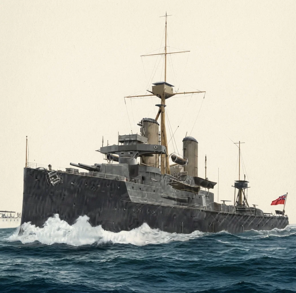 The British battle-ship Dreadnought, built in 1906, and which put all previous war-ships altogether out of date
