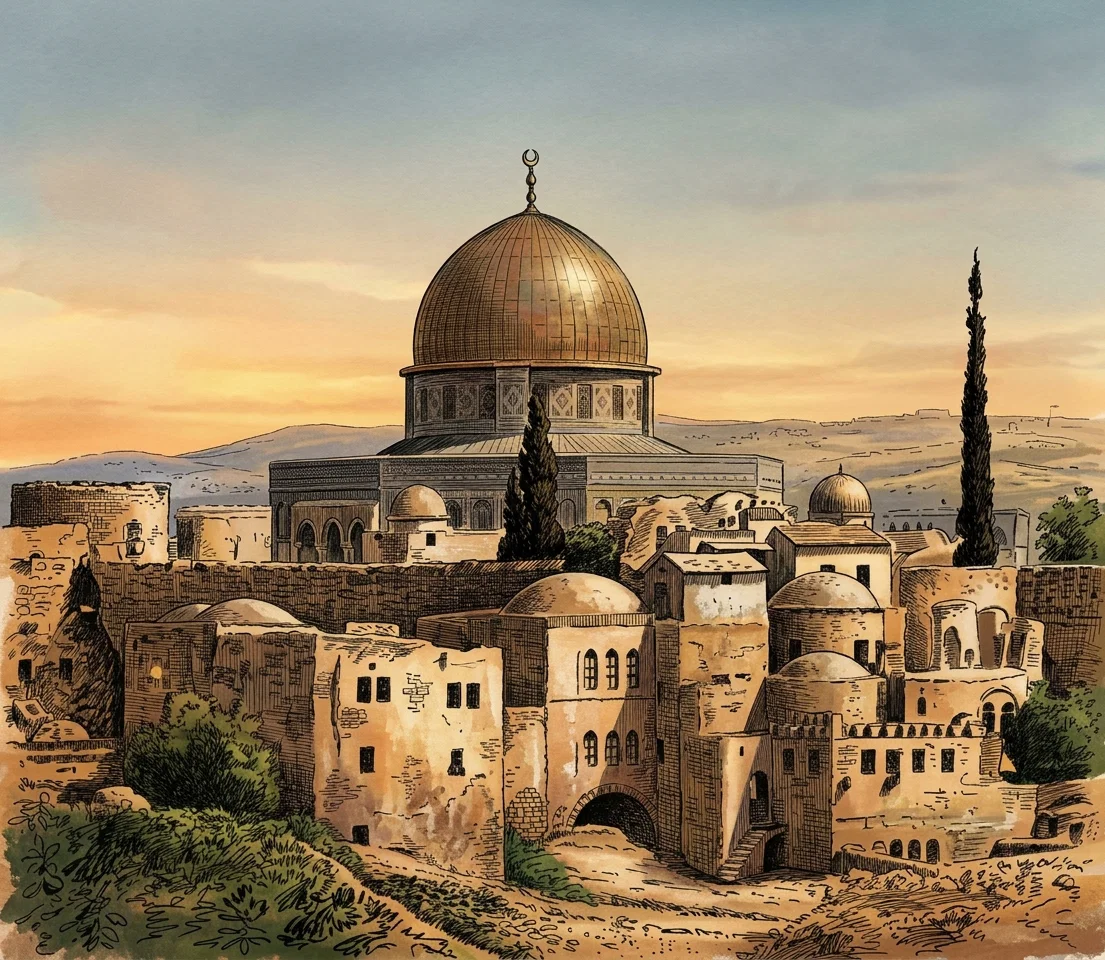 Mohammedan Mosque of Omar, and Turkish Quarter, Jerusalem. This beautiful shrine occupies the site of the temple, the crest of Mount Moriah, and is the chief and most conspicuous object of interest in the “holy city.” By the Moslem it is regarded with veneration and awe, as he believes that from the bare “dome of the rock” within its carefully guarded inclosure Mohammed leaped in his flight to heaven.