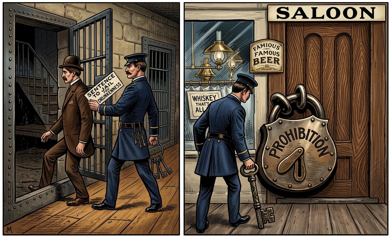 INSTEAD OF LOCKING UP THE MAN FOR DRINKING WOULDN'T IT BE BETTER TO LOCK UP THE SALOON AND LET THE MAN GO TO WORK TO SUPPORT HIS FAMILY.