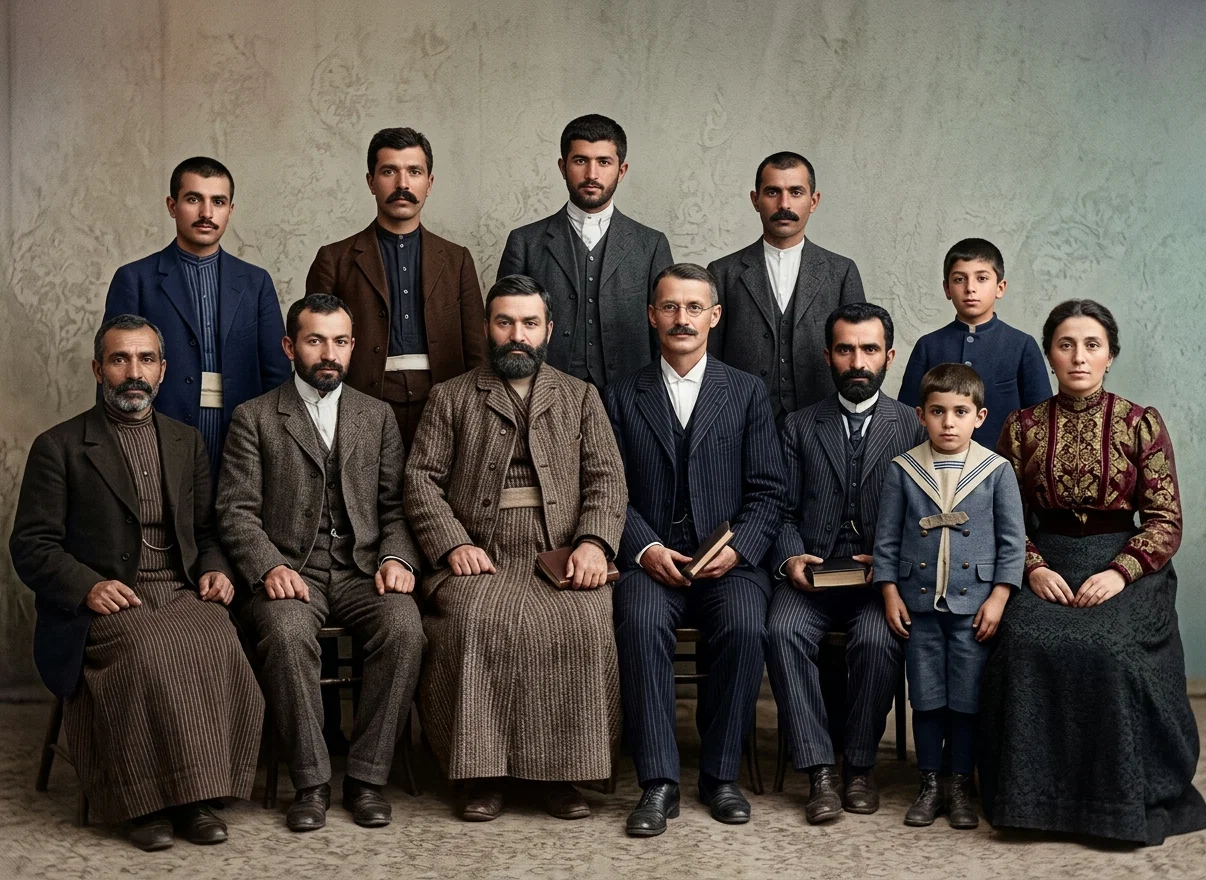 ARMENIAN WORKERS. ELDER W. H. WAKEHAM IN THE CENTER. BROTHER Z. G. BAHARIAN AND FAMILY AT THE RIGHT