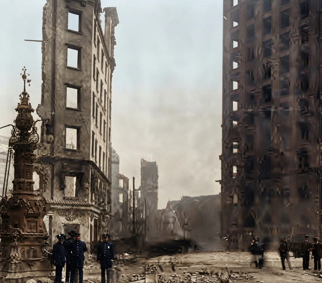 On the left side of the picture is the San Francisco Examiner Building, or what was left of it after the fire. On the right side is the Call Building. The walls stand intact with all woodwork burned by the fire.