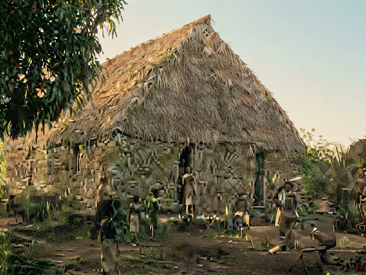 Natives Entering the Fiji Church—Beating of the Native Lali, or Drum, Anciently Used to Call to the Cannibal Feast.