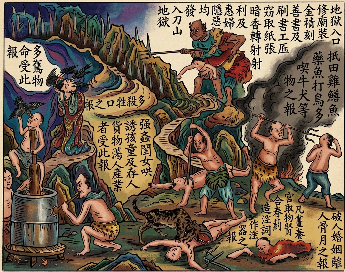 The illustration expresses some ideas of the Chinese about the tortures endured by the spirits of the dead.