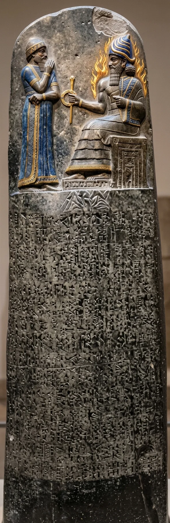 Basalt column, inscribed with the code of laws of Hammurabi, king of Babylon in the time of Abraham. The column is nearly eight feet in height and seven feet in circumference. On the upper part is a relief representing Shamash, the sun god, seated upon his throne, with his feet resting upon the mountains. Upon his head is a horned headdress of power; and in his right hand, the ring and staff emblematic of sovereignty, while from his shoulders flames of fire are represented as arising—all of which serves to demonstrate the truthfulness of the record in Genesis, chapter 14.