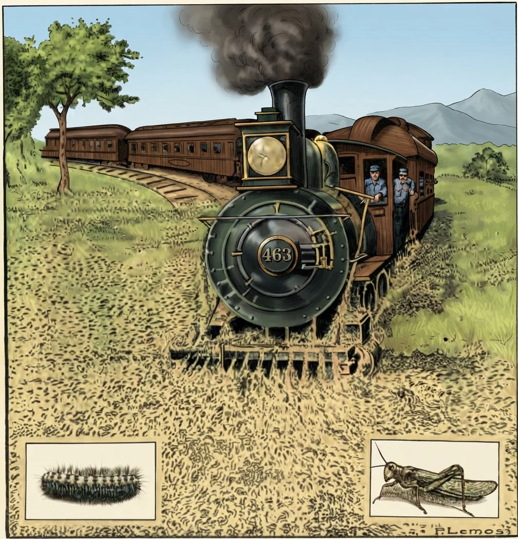 A Picture of the Train, of the Larva of the Gypsy Moth, and of a Locust.