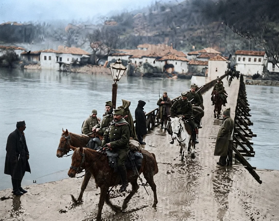 Photograph by Paul Thompson. Servian cavalry on the march. The picture is a forceful illustration of how much the country has been reduced. Every kind of horse is pressed into service, that ordinarily would not be considered for cavalry purposes. In many instances even the slow-going ox is used by the Servians in transporting military equipment.