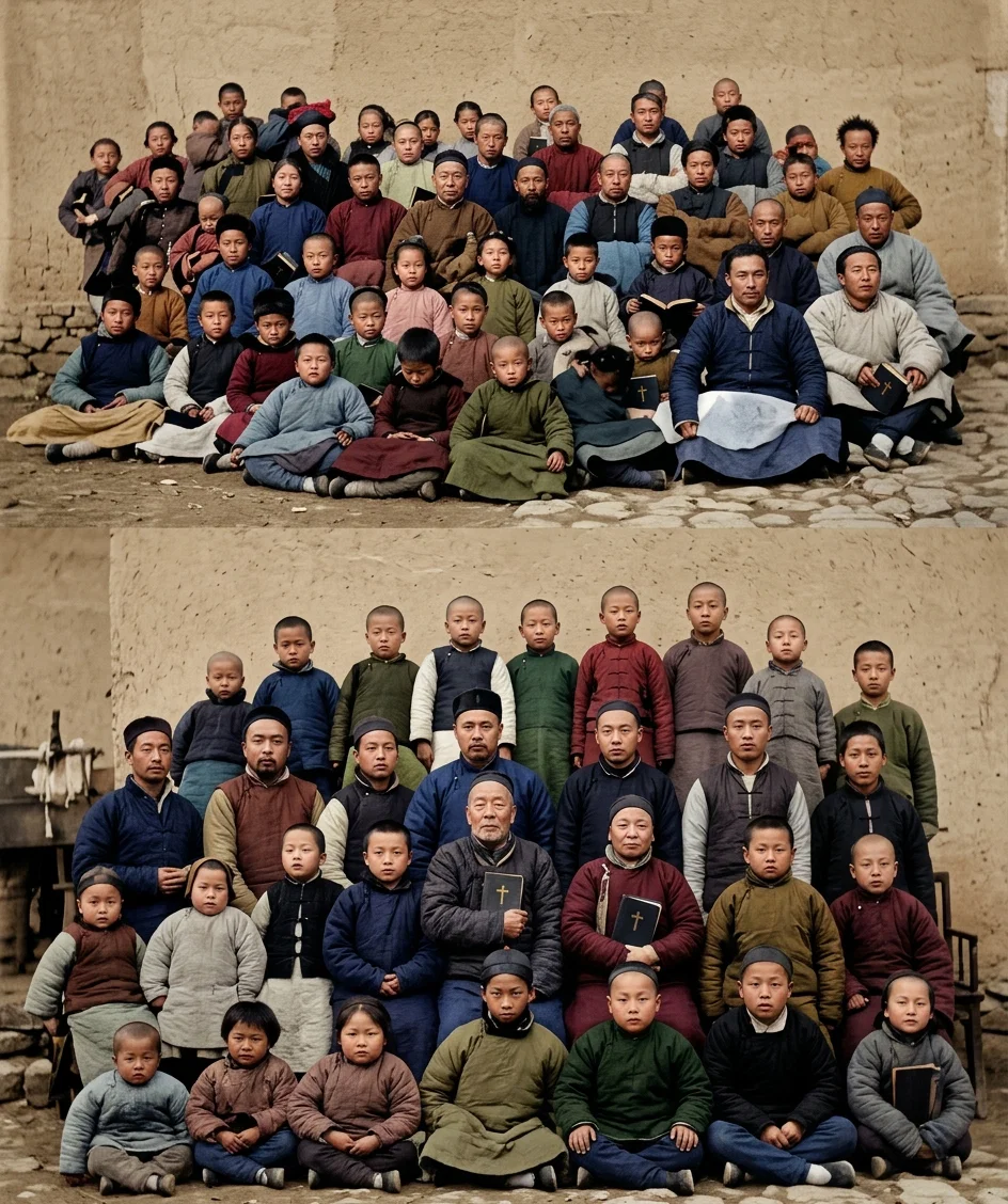 CHURCH SCHOOL CHILDREN AND BELIEVERS AT CHIANG GIANG PIU AND AT YUNG-SHAN, HU-PEH, CHINA. SEE ARTICLE ON PAGE II