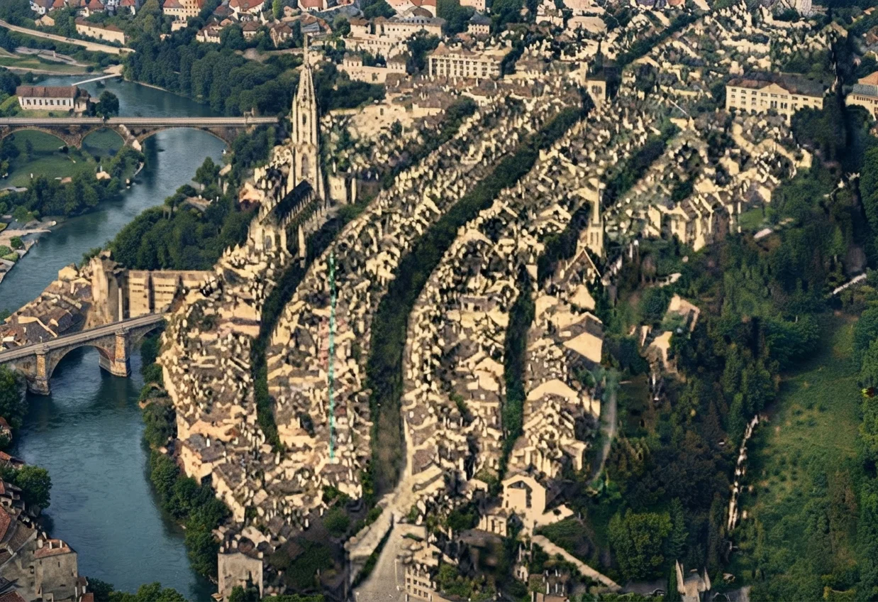 Birdseye View of Berne and the Bridge of Kirchenfeld.