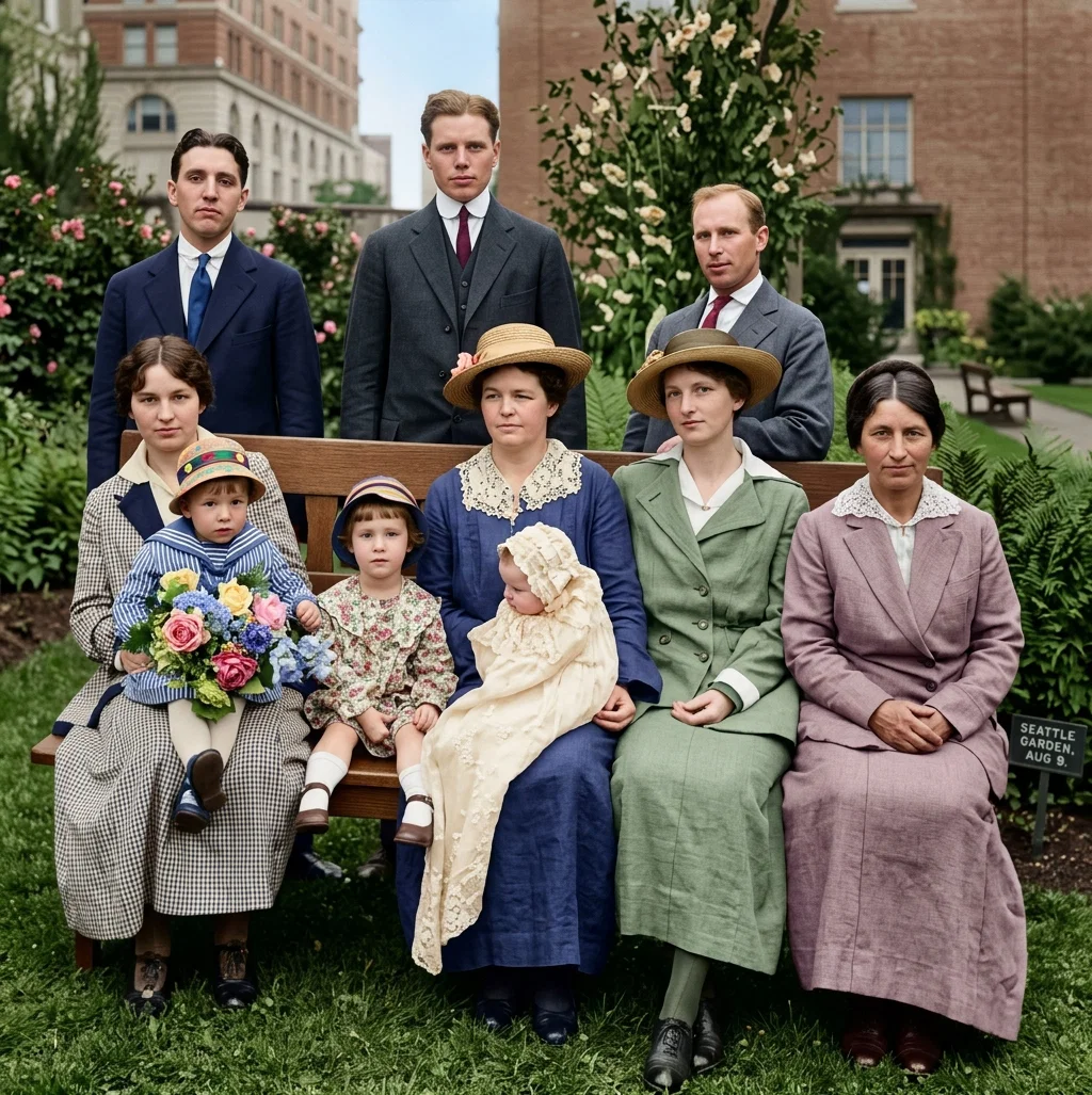 RECRUITS FOR THE ORIENT
(Sailing from Seattle, Wash., August 9)
From left to right: Mr. and Mrs. Dallas S. Kime and child; Elder and Mrs. C. F. Lowry and two children, Mr. and Mrs. W. L. Hilliard, Miss Lena Mead.